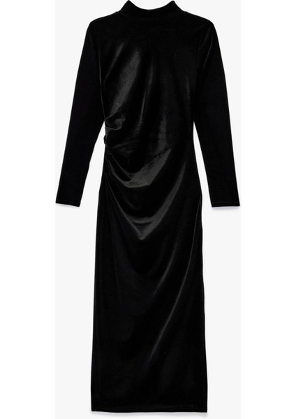 Dik Yaka Uzun Kollu Yırtmaçlı Midi Boy Kadife Elbise