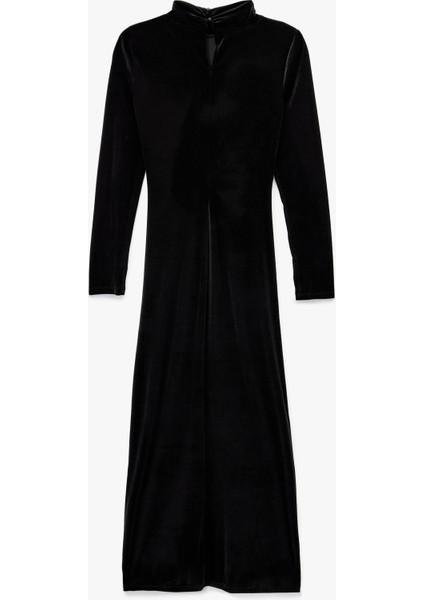 Dik Yaka Uzun Kollu Yırtmaçlı Midi Boy Kadife Elbise fiyatları