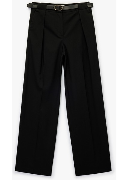 Viskon Karışımlı Yüksek Bel Kemerli Geniş Paça Kumaş Pantolon