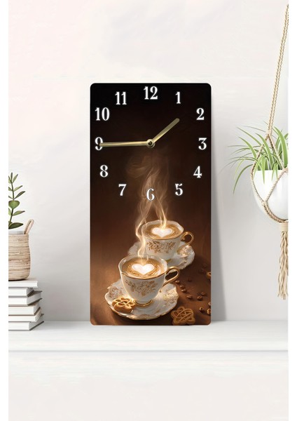 Mdf Dikdörtgen Kahve Fincanı Desenli Uv Baskı Sessiz Duvar Saati 30X60 cm – USD016