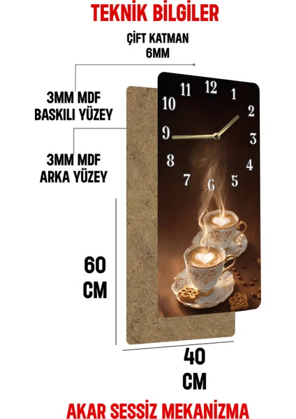 Mdf Dikdörtgen Kahve Fincanı Desenli Uv Baskı Sessiz Duvar Saati 30X60 cm – USD016 indirimleri