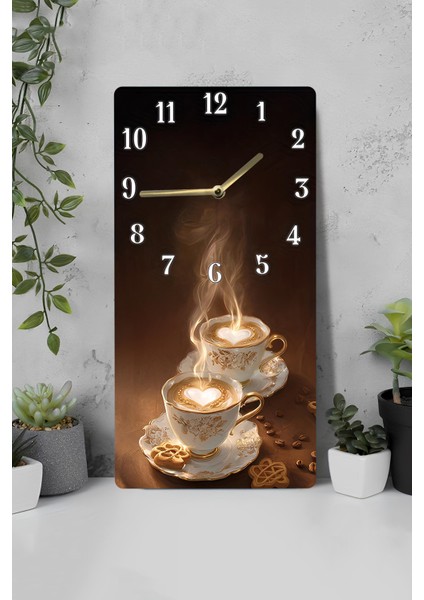 Mdf Dikdörtgen Kahve Fincanı Desenli Uv Baskı Sessiz Duvar Saati 30X60 cm – USD016