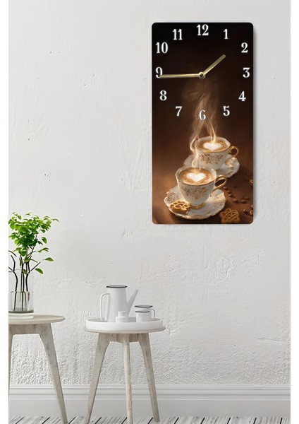 Mdf Dikdörtgen Kahve Fincanı Desenli Uv Baskı Sessiz Duvar Saati 30X60 cm – USD016