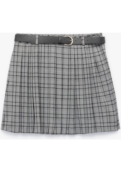 Kemerli Kareli A Kesim Pileli Mini Etek modelleri