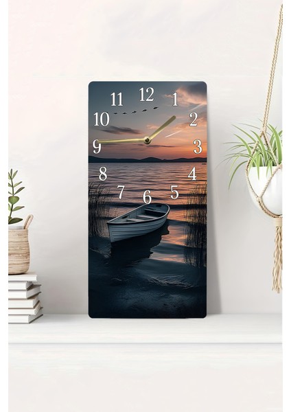 Gün Batımı ve Tekne Temalı Mdf Dikdörtgen Duvar Saati – 30X60 Cm, Uv Baskı – USD045