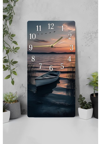 Gün Batımı ve Tekne Temalı Mdf Dikdörtgen Duvar Saati – 30X60 Cm, Uv Baskı – USD045