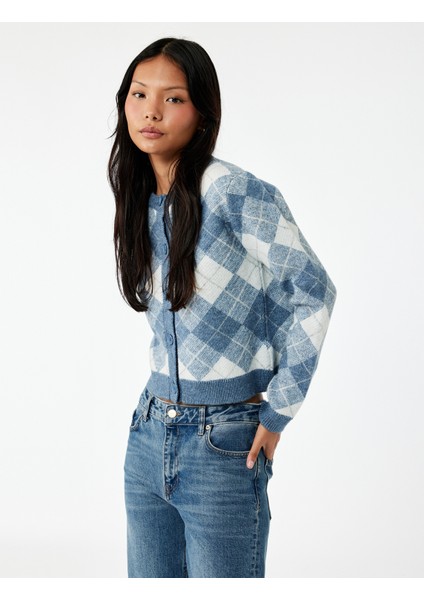 Düğmeli Uzun Kollu Bisiklet Yaka Baklava Desenli Triko Hırka