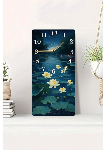 Mdf Dikdörtgen Dekoratif Duvar Saati – Nilüfer Çiçekli Gölet Tasarımı (30X60 Cm) – USD067