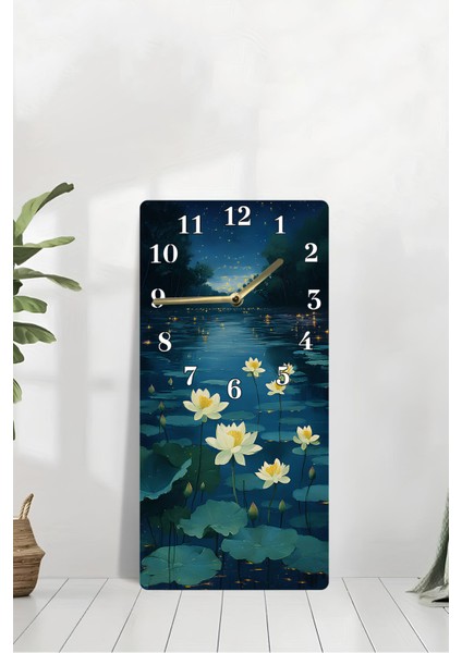 Mdf Dikdörtgen Dekoratif Duvar Saati – Nilüfer Çiçekli Gölet Tasarımı (30X60 Cm) – USD067 modelleri