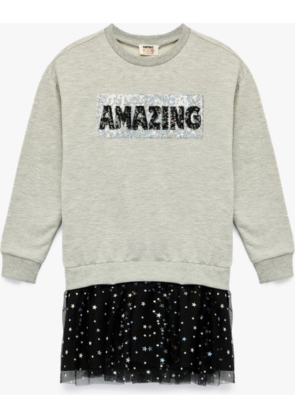 Şardonlu Uzun Kollu Bisiklet Yaka Tül Detaylı Pullu Payetli Sweat Elbise