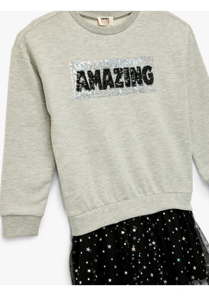 Şardonlu Uzun Kollu Bisiklet Yaka Tül Detaylı Pullu Payetli Sweat Elbise modelleri