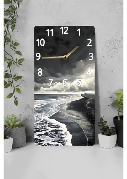Dekoratif Siyah Beyaz Fırtına Manzaralı Mdf Dikdörtgen Duvar Saati – 30X60 cm – USD065 indirimleri