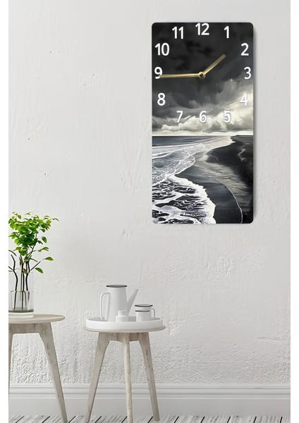 Dekoratif Siyah Beyaz Fırtına Manzaralı Mdf Dikdörtgen Duvar Saati – 30X60 cm – USD065