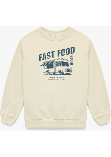 Şardonlu Uzun Kollu Bisiklet Yaka Pamuklu Baskılı Sweatshirt