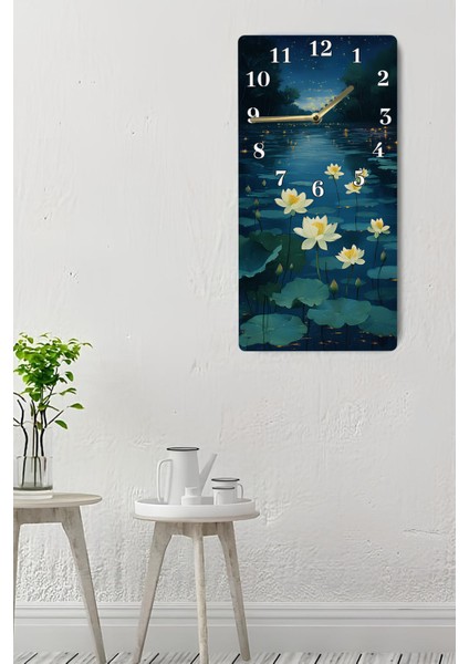 Mdf Dikdörtgen Dekoratif Duvar Saati – Nilüfer Çiçekli Gölet Tasarımı (30X60 Cm) – USD067
