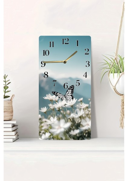 Kelebek ve Beyaz Çiçek Desenli Mdf Dikdörtgen Duvar Saati – 30X60 cm Uv Baskıı – USD053