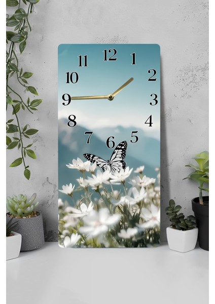Kelebek ve Beyaz Çiçek Desenli Mdf Dikdörtgen Duvar Saati – 30X60 cm Uv Baskıı – USD053