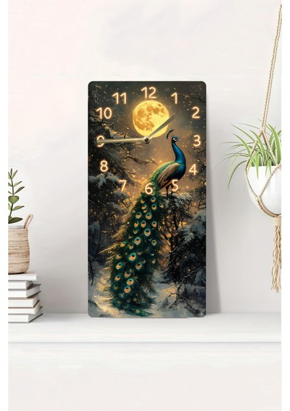 Mdf Dikdörtgen Dekoratif Duvar Saati – Tavus Kuşu ve Ay Desenli 30X60 cm Uv Baskı – USD024