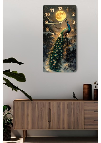 Mdf Dikdörtgen Dekoratif Duvar Saati – Tavus Kuşu ve Ay Desenli 30X60 cm Uv Baskı – USD024 fiyatları