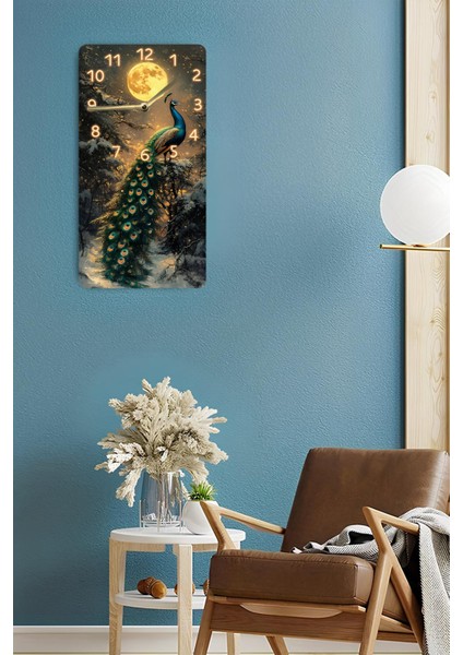 Mdf Dikdörtgen Dekoratif Duvar Saati – Tavus Kuşu ve Ay Desenli 30X60 cm Uv Baskı – USD024 fırsatları