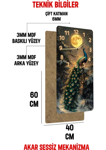 Mdf Dikdörtgen Dekoratif Duvar Saati – Tavus Kuşu ve Ay Desenli 30X60 cm Uv Baskı – USD024 indirimleri