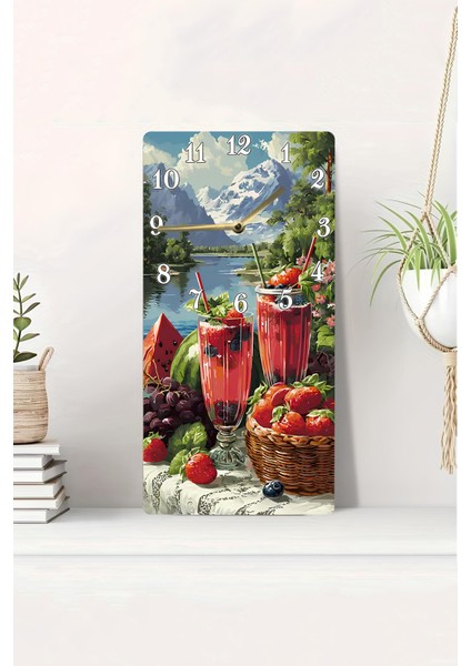 Meyve ve Dağ Manzaralı Mdf Dikdörtgen Duvar Saati – 30X60 Cm, Uv Baskı – USD052