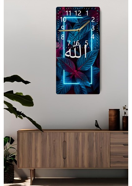 Mdf Dikdörtgen Allah Yazılı Mavi Yaprak Desenli Uv Baskı Sessiz Duvar Saati 30X60 cm – USD028 fiyatları