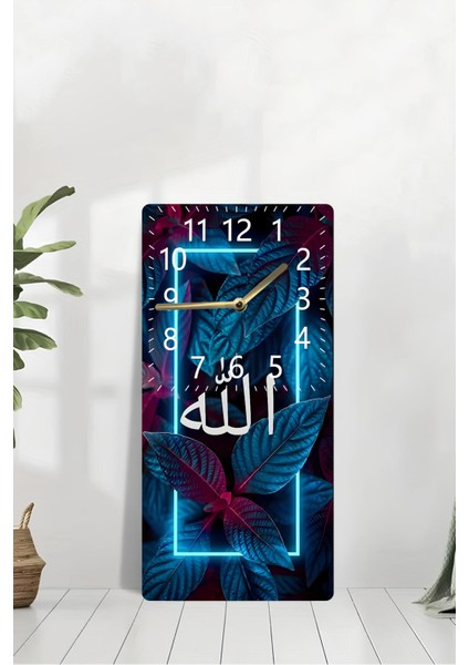 Mdf Dikdörtgen Allah Yazılı Mavi Yaprak Desenli Uv Baskı Sessiz Duvar Saati 30X60 cm – USD028 modelleri