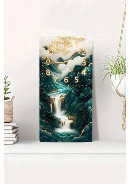 Mdf Dikdörtgen Duvar Saati – 30X60 cm Şelale & Dağ Manzaralı Uv Baskı – USD005