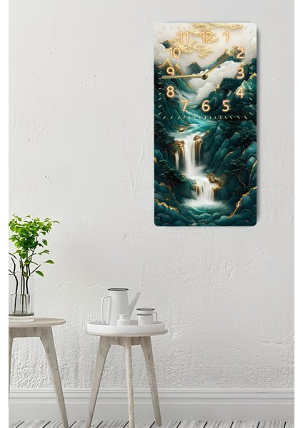 Mdf Dikdörtgen Duvar Saati – 30X60 cm Şelale & Dağ Manzaralı Uv Baskı – USD005