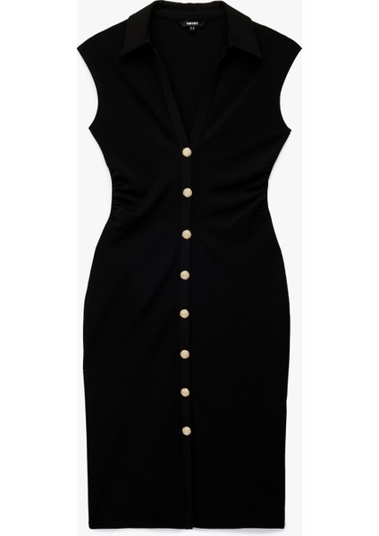 Drapeli V Yaka Midi Boy Düğmeli Kolsuz Gömlek Elbise