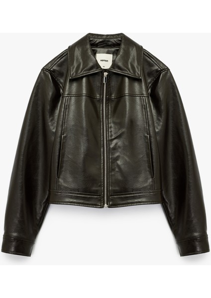 Fermuarlı Uzun Kollu Gömlek Yaka Cepli Crop Suni Deri Ceket