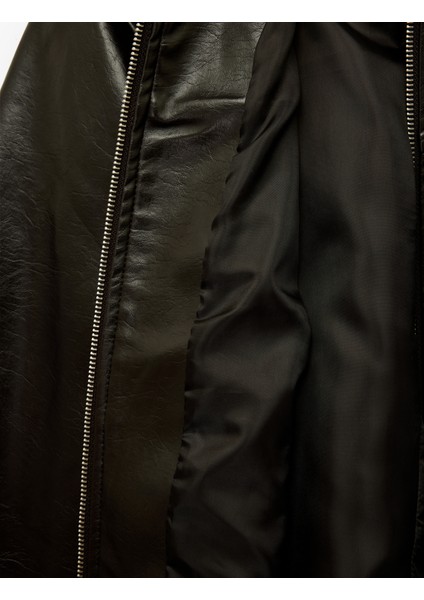 Fermuarlı Uzun Kollu Gömlek Yaka Cepli Crop Suni Deri Ceket fırsatları