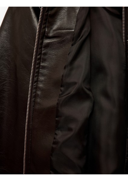 Fermuarlı Uzun Kollu Gömlek Yaka Cepli Crop Suni Deri Ceket