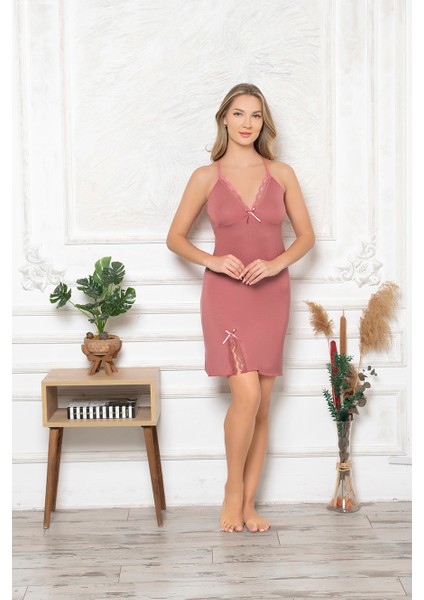 Kadın Gül Kurusu Süper Yumuşak Örme Viskon Yırtmaçlı Ip Askılı Gecelik