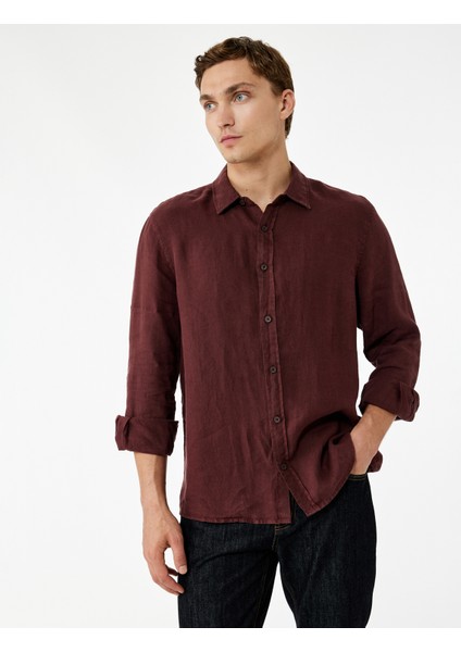 Regular Fit Uzun Kollu Klasik Yaka Keten Gömlek