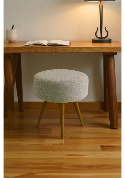 Elvıora Teddy Peluş Kumaşlı Yuvarlak Puf Bench – Retro Ahşap Ayaklı, Dekoratif ve Konforlu Tabure