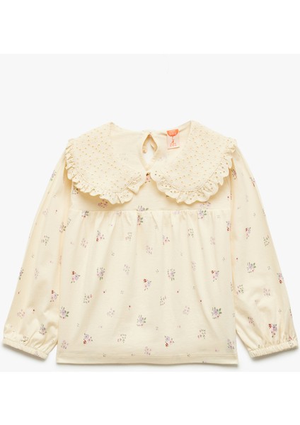 Pamuklu Uzun Kollu Çiçek Desenli Bebe Yaka Tişört