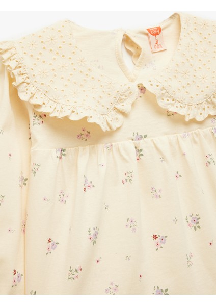 Pamuklu Uzun Kollu Çiçek Desenli Bebe Yaka Tişört modelleri
