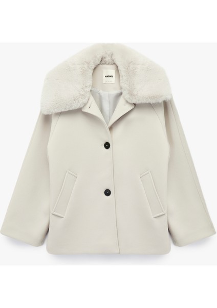 Uzun Kollu Cepli Düğmeli Çıkarılabilir Suni Kürk Yakalı Kaşe Kaban