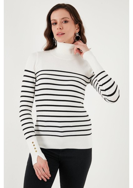 Balıkçı Yaka Kazak Ekru Çizgili