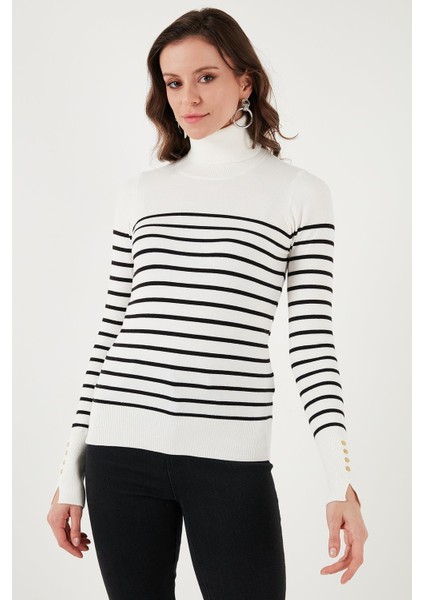 Balıkçı Yaka Kazak Ekru Çizgili modelleri