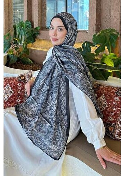 Retro Desen Pamuk Şal 70 x 180 cm Siyah Vizon Renk