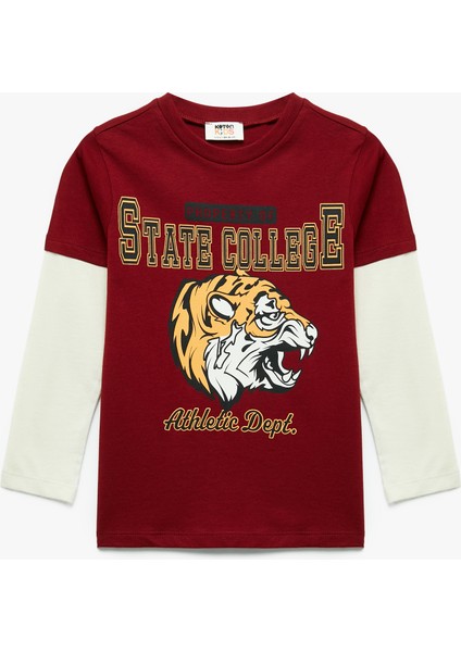 Bisiklet Yaka Uzun Kollu Pamuklu Kaplan Baskılı Tişört