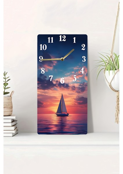 Yelkenli Gün Batımı Manzaralı Mdf Dikdörtgen Duvar Saati – 30X60 cm Uv Baskı– USD057