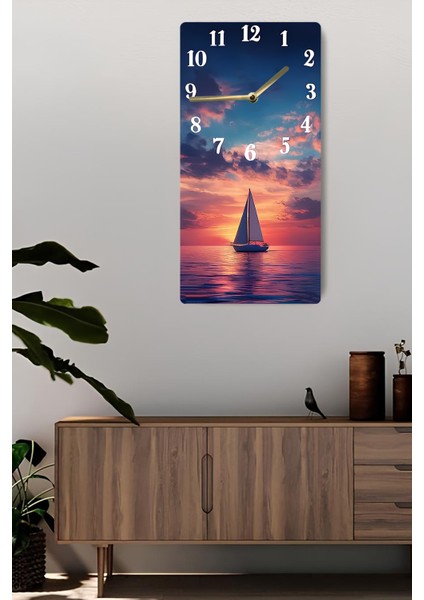 Yelkenli Gün Batımı Manzaralı Mdf Dikdörtgen Duvar Saati – 30X60 cm Uv Baskı– USD057 fiyatları