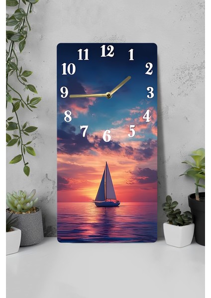 Yelkenli Gün Batımı Manzaralı Mdf Dikdörtgen Duvar Saati – 30X60 cm Uv Baskı– USD057