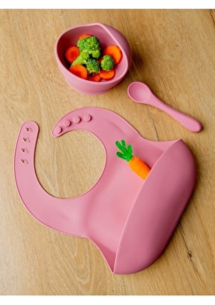 Silikon Beslenme ve Yemek Seti Sağlık Sertifikalı Anti Bakteriyel Pembe