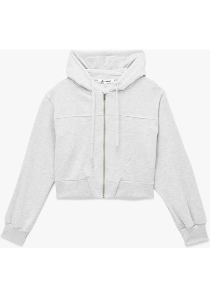 Rahat Kalıp Cep Detaylı Kapüşonlu Fermuarlı Crop Sweatshirt