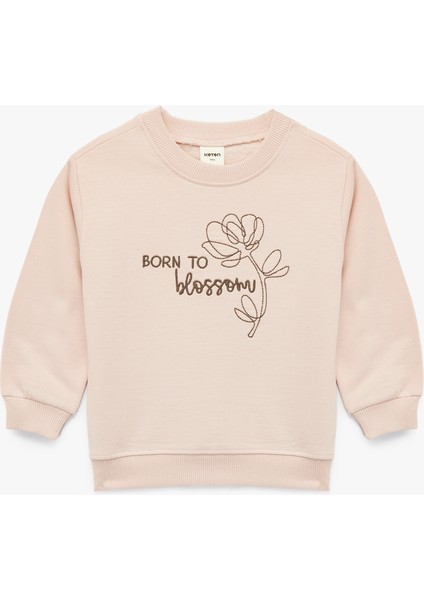 Şardonlu Uzun Kollu Bisiklet Yaka Nakışlı Pamuklu Sweatshirt